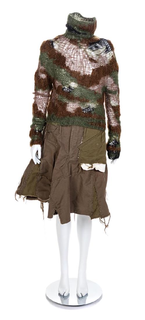Junya Watanabe for Comme des Garçons Two-Piece, 2006: Junya Watanabe for Comme des Garçons Two-Piece Ensemble, F/W 2006 Sweater in green, black, brown irregular wool and nylon knit with a turtle neck and long sleeves. Cotton green khaki skirt is made of