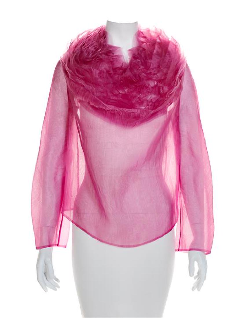 Junya Watanabe Comme des Garçons Ruffle Blouse, 2000: Junya Watanabe for Comme des Garçons Ruffle Blouse, F/W 2000 Purple see-through polyester blouse with wide honeycomb collar stretching from shoulder to shoulder. The blouse is a pulloverstyle with lo