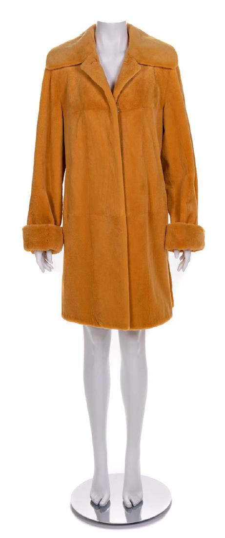 Bisang Couture Orange Shaved Mink Coat, 2000s No size: Bisang Couture Orange Shaved Mink Coat, 2000s Coat has a wide curved collar, long cuffed sleeves and a slip pockets at each hip. The coat has a black lining printed with 'BISANG' and closes down the c