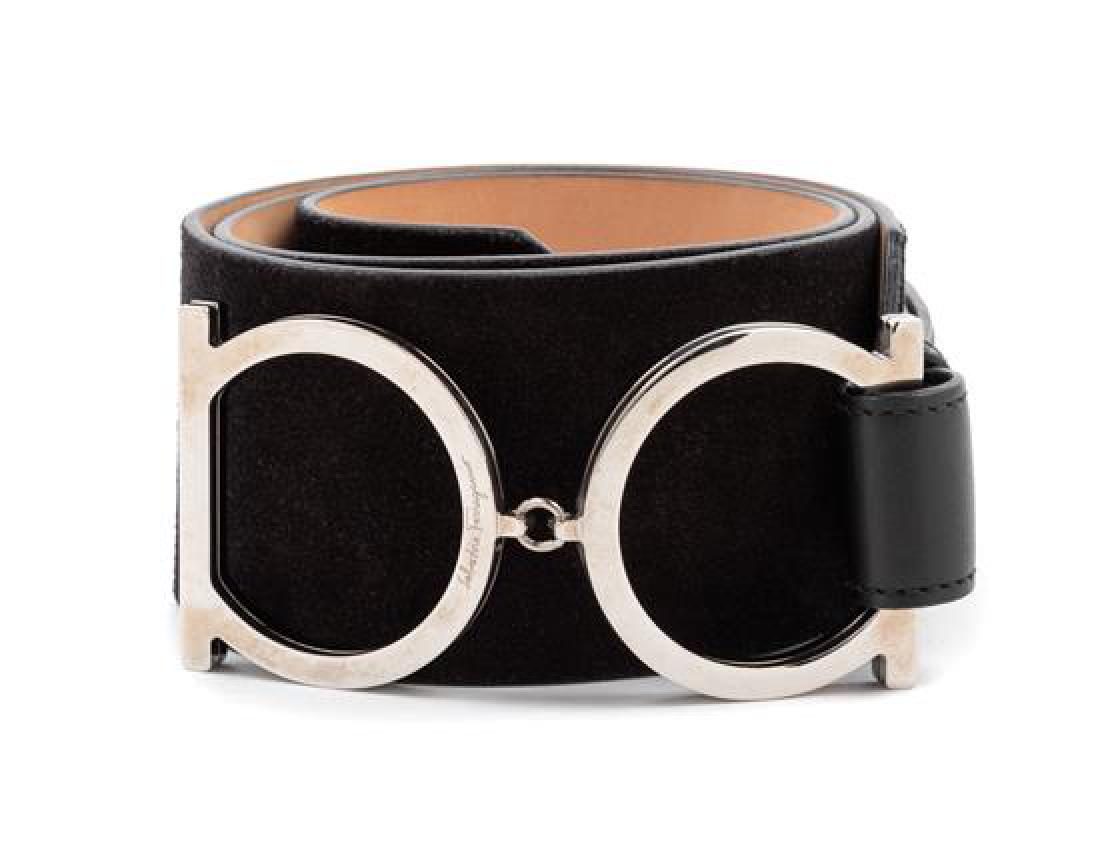 Salvatore Ferragamo Black Suede Belt, 1990-2000s: Salvatore Ferragamo Black Suede Leather Belt with Double Silvertone Buckle, 1990-2000s with two tone buckle; one side silvertone, the other black/grey with adjustable leather straps with push-pin clos