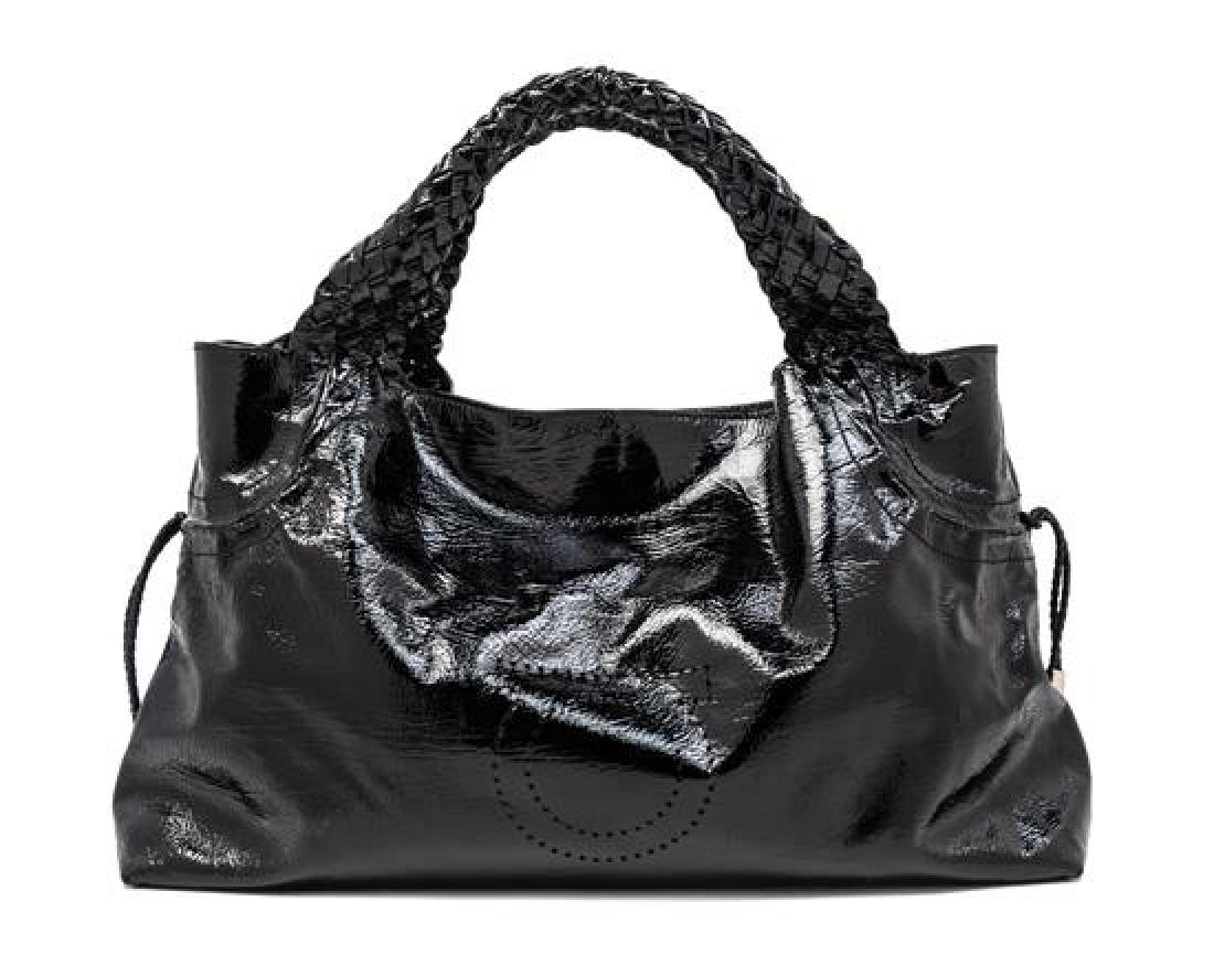 Salvatore Ferragamo Black Pantent Tote Bag, 1990-2000s: Salvatore Ferragamo Black Pantent Tote Bag, 1990-2000s interior logo material with three compartments; one with a zip pocket, center with a top zip closure, front with two slip pockets, top hidden mag