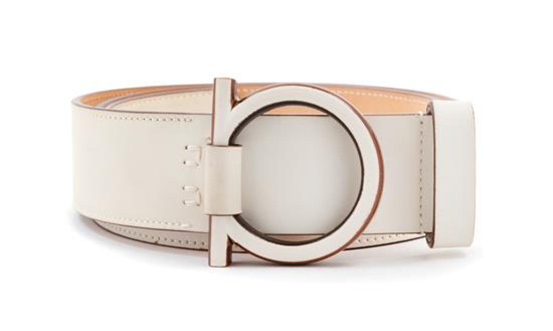 Salvatore Ferragamo White Leather Belt, 1990s: Salvatore Ferragamo White Leather Belt, 1990s Measurements: 1 5/8" wide45.5" long Condition of the belt is good. Estimate $100-200 The stated overall condition of the lot is based on the assumption th
