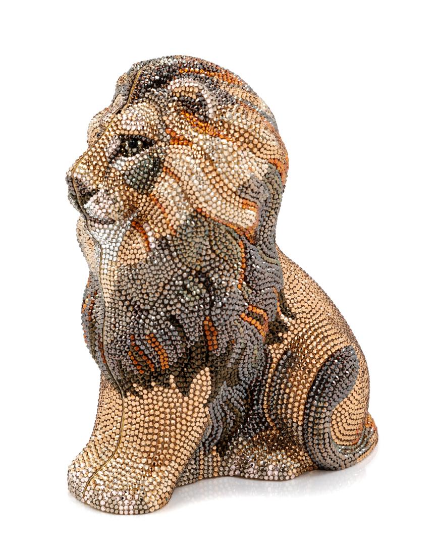 Judith Leiber Collector's Edition Lion Minaudiere, 2012: Judith Leiber Collector's Edition Lion Minaudiere, 2012 goldtone hardware, grey, orange, tan crystals, small black hard stone eyes, push button closure, interior gold lining with drop-in or removable