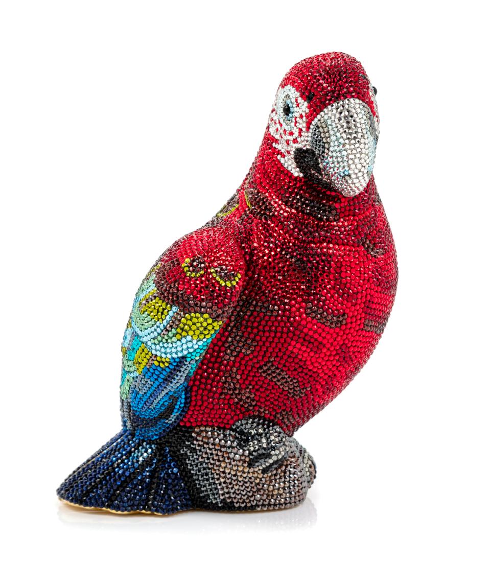 Judith Leiber Collector's Edition Parrot Minaudiere: Judith Leiber Collector's Edition Parrot Minaudiere goldtone hardware, blue, green, red and clear crystals, small black hard stone eyes, push button closure, goldtone lining with a drop-in or removabl