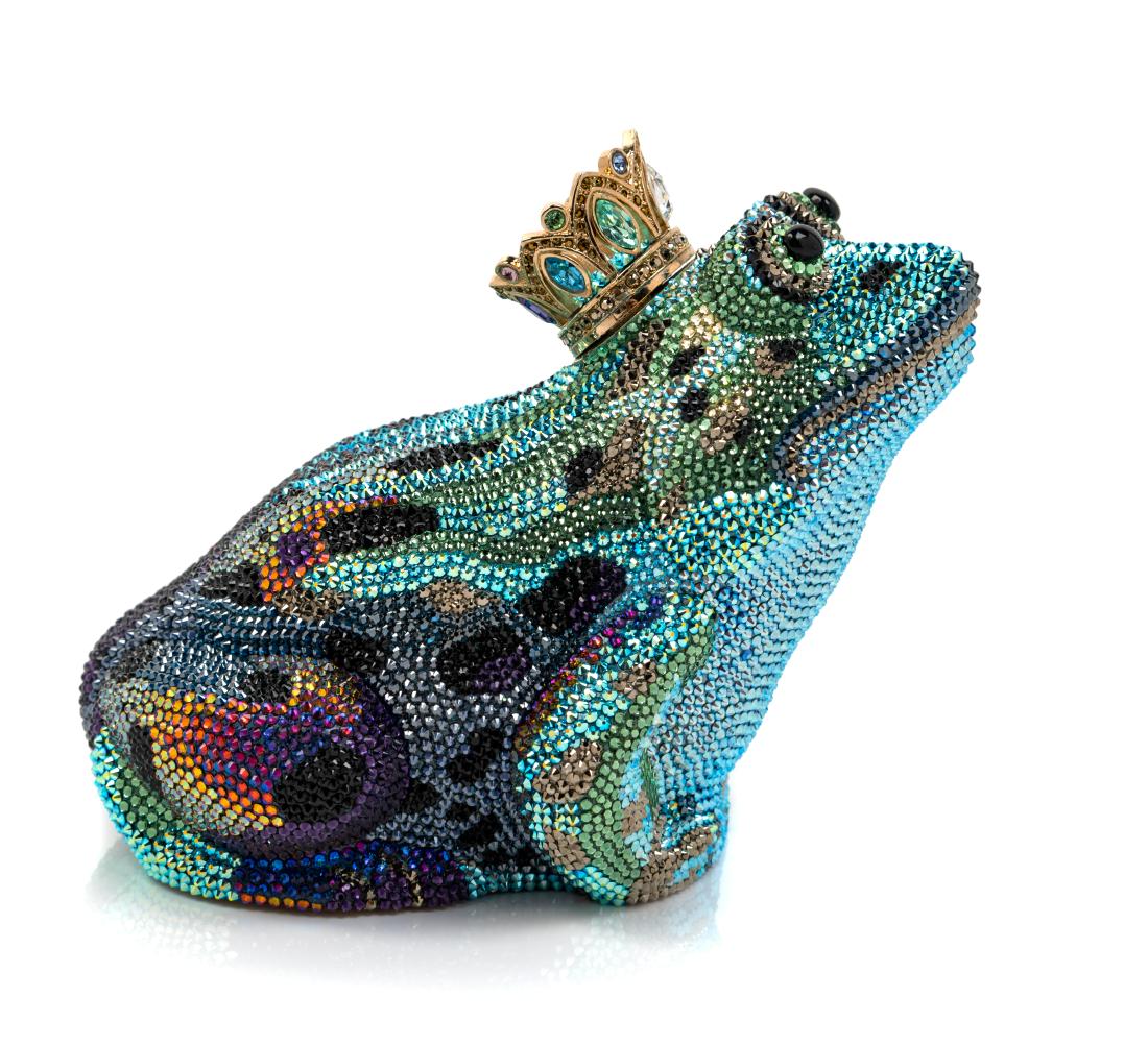 Judith Leiber Collector's Edition William Frog Prince: Judith Leiber Collector's Edition William Frog Prince Minaudiere goldtone hardware, black, blue, green, and purple crystals, black hard stone eyes, goldtone crown push clasp closure, gold interior lin