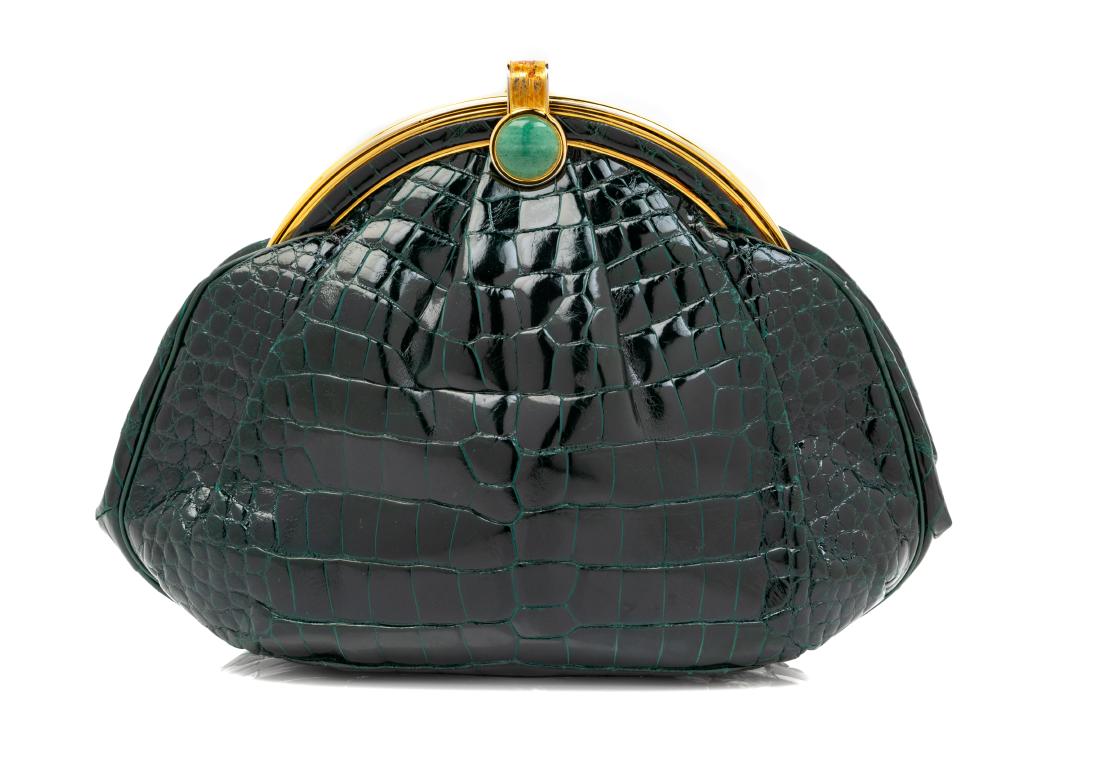 * Judith Leiber Green Crocodile Purse: * Judith Leiber Green Crocodile Purse, goldtone hardware, green crocodile frame with light green stone push down/lift locking clasp, green leather interior lining with a zip pocket and slip pocket, gr