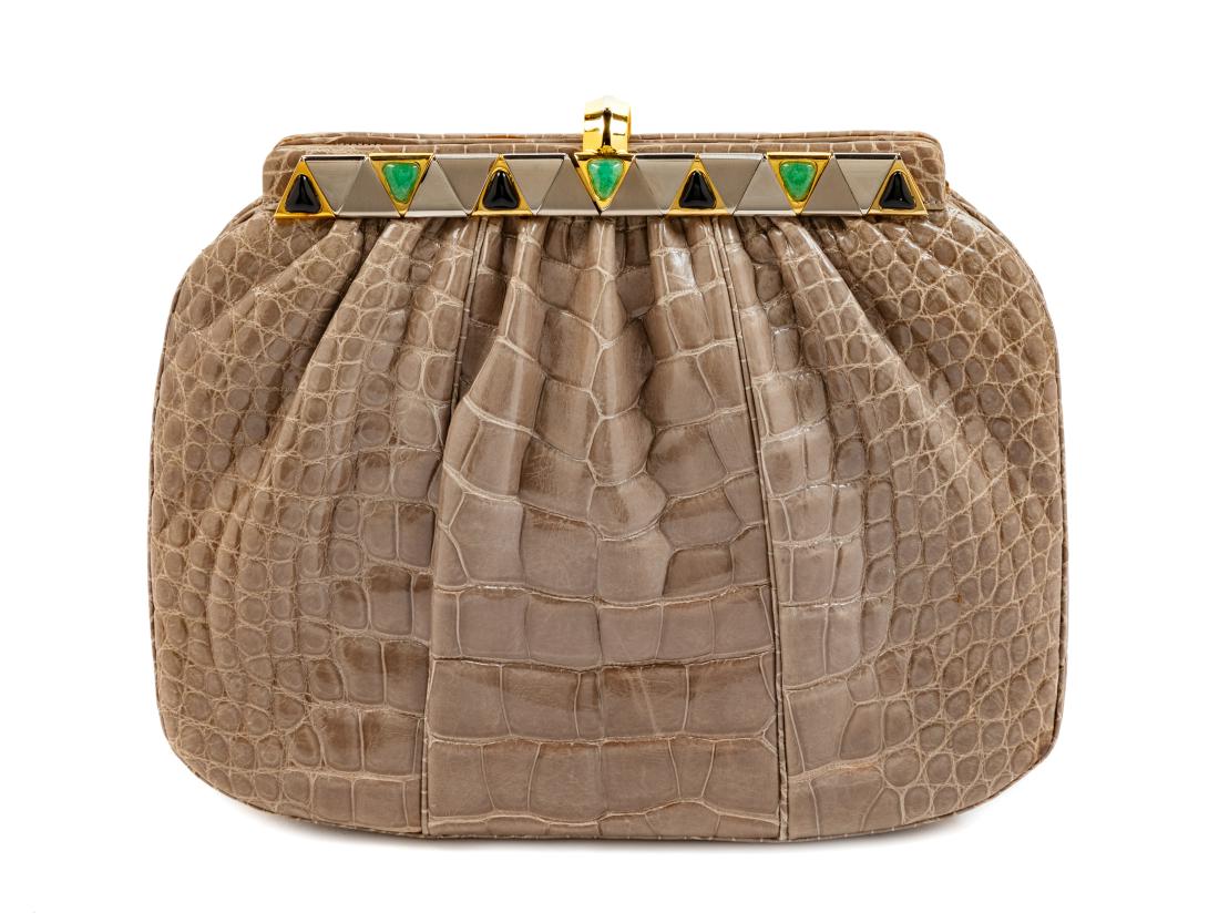 * Judith Leiber Grey Crocodile Leather Purse,: * Judith Leiber Grey Crocodile Leather Purse, goldtone and silvertone clasp and frame are triangular pieces with the goldtone pieces further embellished with black and green triangle-shaped stones, in