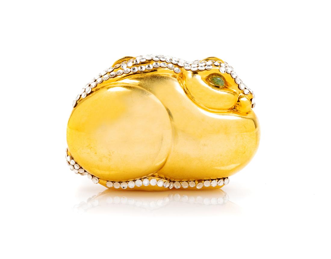 Judith Leiber Hare Pill Box: Judith Leiber Hare Pill Box Together with a Judith Leiber dustbag. Estimate $80-100 The stated overall condition of the lot is based on the assumption that the wear is consistent with age and use. As