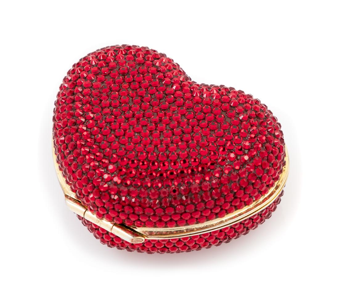 Judith Leiber Mini Heart Minaudiere: Judith Leiber Mini Heart Minaudiere goldtone, together with a dustbag and box. Estimate $40-60