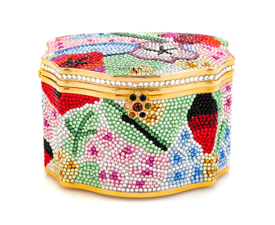 Judith Leiber Multicolored Floral Minaudiere Box: Judith Leiber Multicolored Floral Minaudiere Box Together with a dustbag. Estimate $300-400 The stated overall condition of the lot is based on the assumption that the wear is consistent with age and