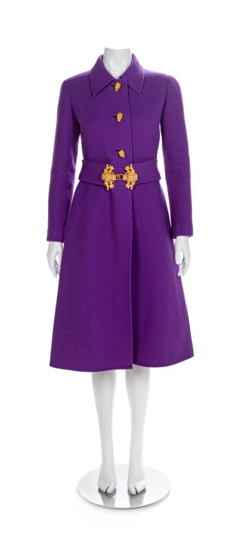 La Mendola Rome Purple Wool Coat and Belt, 1980-90s: La Mendola Rome Purple Wool Coat and Belt, 1980-90s, goldtone cat head buttons, unlined, together with a matching belt with decorative goldtone cat head hook buckle. Label: La Mendola Rome, Roma-Trini