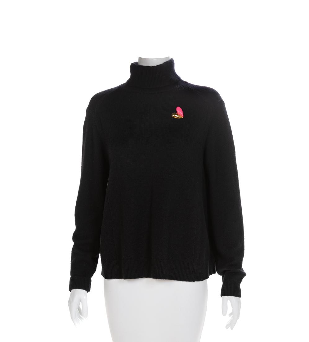 Louis Vuitton Black Sweater, 1980-90s Size label: Large: Louis Vuitton Black Sweater, 1980-90s Embellished with with Louis Vuitton pin. Label: Louis Vuitton Size label: Large Estimate $80-120 The stated overall condition of the lot is based on the assumptio