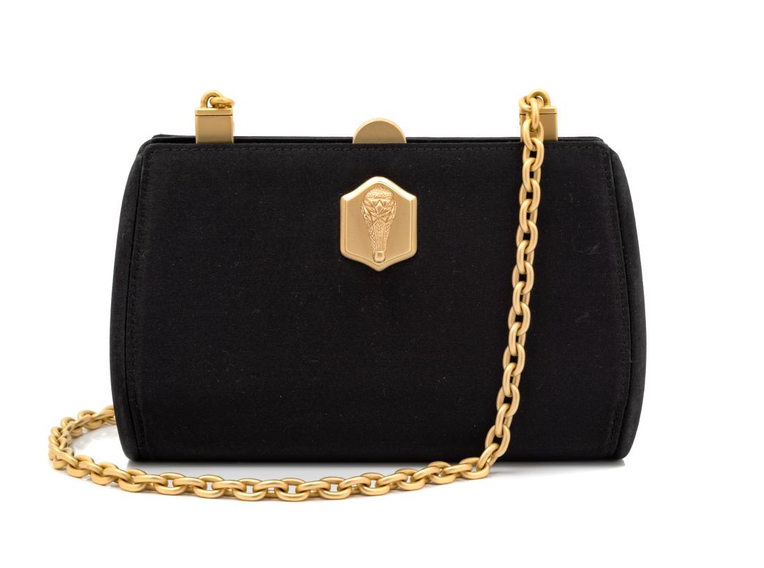 * Barry Kieselstein-Cord Satin Purse, 1980-90s: * Barry Kieselstein-Cord Satin Purse, 1980-90s With goldtone aligator head on front, chain strap and clasp. Green satin lining. Stamp: Barry Kieselstein-Cord. Handmade in Italy. Estimate $100-200 Prop