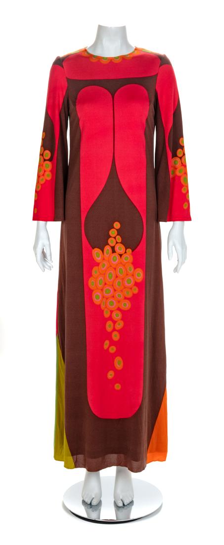 Missoni Brown, Green, Pink Print Dress, 1960-70s Size: Missoni Brown, Green, Pink Print Dress, 1960-70s Round neckline, angle sleeves, a-line skirt, pull-over, tan lining, and an upper back slit with a button and threaded eye closure. Label: Missoni, Magl