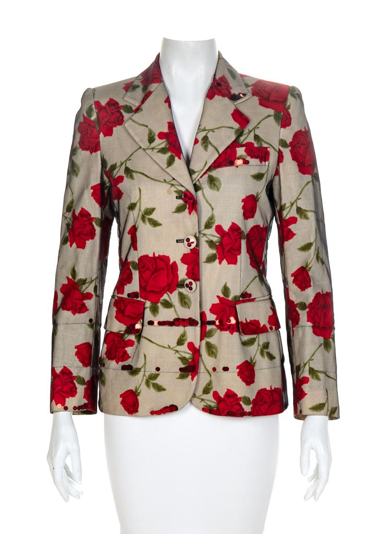 Moschino Cheap and Chic Red Rose Sequin Jacket, 1990s: Moschino Cheap and Chic Red Rose Sequin Jacket, 1990s with a top layer of black mesh and loose red sequins floating between layers, notched lapel, left breast pocket, two front flap pockets, black lin