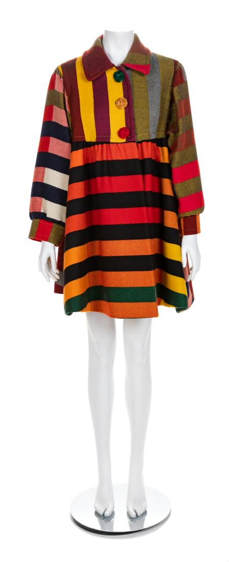Moschino Wool Multicolor Coat, 1990s: Moschino Wool Multicolor Coat, 1990s front velvet button closure, black, red, green, orange, yellow stripes, side slip pockets, and red interior lining. Label size 8. Fiber content label: Exterior: 10