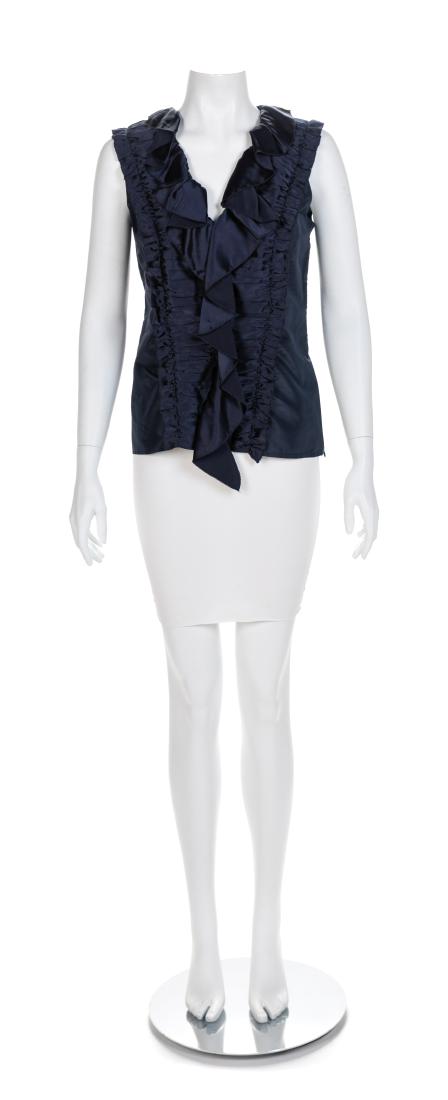 Oscar de la Renta Navy Sleeveless Blouse, 1990-2000s: Oscar de la Renta Navy Sleeveless Blouse, 1990-2000s Sleeveless navy silk taffeta top with v-neckline, embellished down the front with peplums and gathers of navy silk satin and with a side zip closur