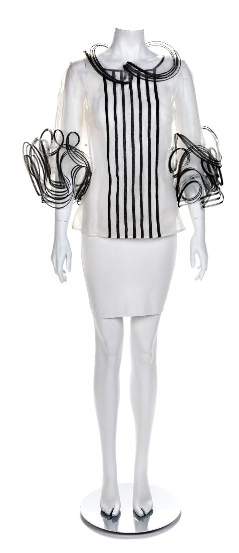 Oscar de la Renta Sheer Net Tulle Blouse, 2000s No size: Oscar de la Renta Sheer Net Tulle Blouse, 2000s white tulle with black trim on sleeves and collar, decorative black sheer strips down front, white sheer lining with a side zip closure. Attributed to O