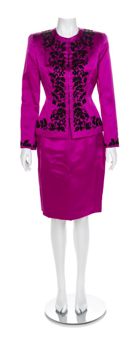 Oscar de la Renta Magenta Silk Evening Jacket and: Oscar de la Renta Magenta Silk Evening Jacket and Matching Skirts, 1980-90s Magenta silk satin trimmed with black braid and beads. Jacket has shoulder pagds, crew neckline, long sleeves and a center f