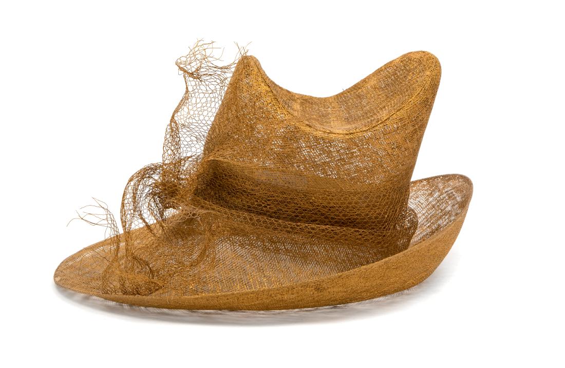 Philip Treacy Gold Weave Hat, 1990-2000s: Philip Treacy Gold Weave Hat, 1990-2000s gold painted buckram. Together with a Philip Treacy Label: Philip Treacy, London. Estimate $200-300
