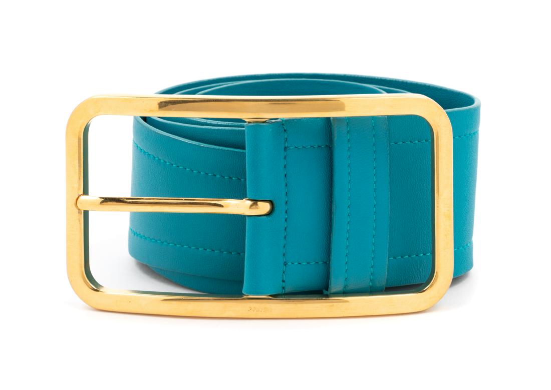 Prada Blue Leather Belt, 1990-2000s: Prada Blue Leather Belt, 1990-2000s Estimate $80-120