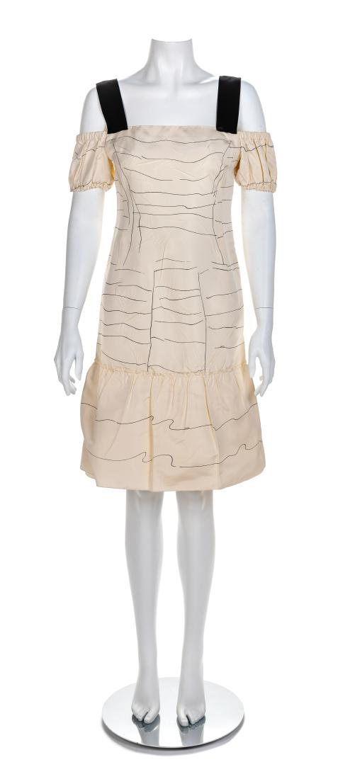 Prada Cream Off-the-Shoulder Strap Dress, 1990-2000s: Prada Cream Off-the-Shoulder Strap Dress, 1990-2000s Off-white silk taffeta dress with black line print and elastic off-the-shoulder short sleeves with black velvet straps, drop waist, layered skirt w