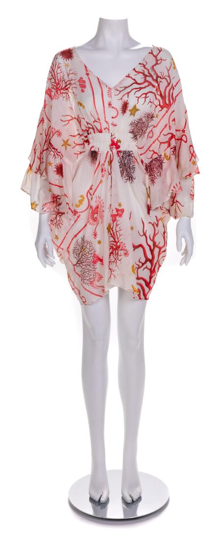 Roberto Cavalli Dress, 1990-2000s: Roberto Cavalli Dress, 1990-2000s White cotton dress printed with an underwater theme with coral and other sealife with a v-neckline, long sleeves and a gathered waist. Label: Roberto Cavalli Estimate