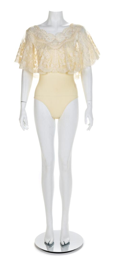 Giorgio di Sant' Angelo Off-the-Shoulder Cream Lace: Giorgio di Sant' Angelo Off-the-Shoulder Cream Lace Body Suit, 1980-90s Emboidered net lace overlay with white glass bead applique and fringe, cream stretch leotard bodice with two snap button closure