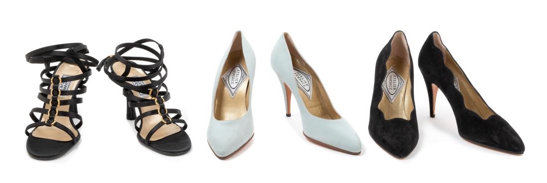 Three Pairs of Versace Shoes, 1990s: Three Pairs of Versace Shoes, 1990s Black strappy Label: Gianni Versace Grey blue Label: Atelier Versace Black velvet Label:Atelier Versace Estimate $80-120