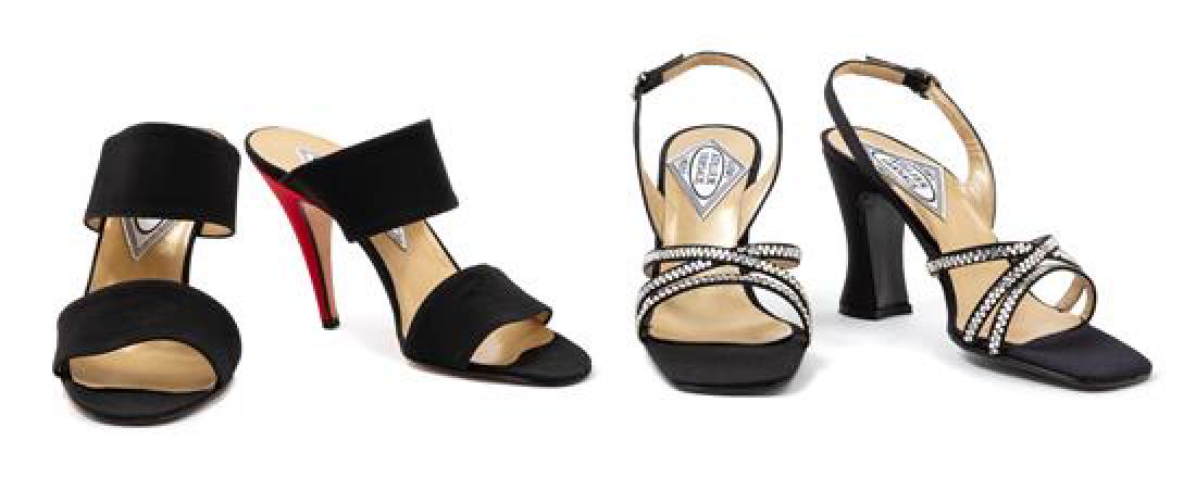 Two Pairs of Gianni Versace Heels, 1990s: Two Pairs of Gianni Versace Heels, 1990s The first; ribbed straps with ribbed red heels. Size 37.5. Together with a Gianni Versace box. Label: Atelier Versace. The second; straps with clear rhinestone