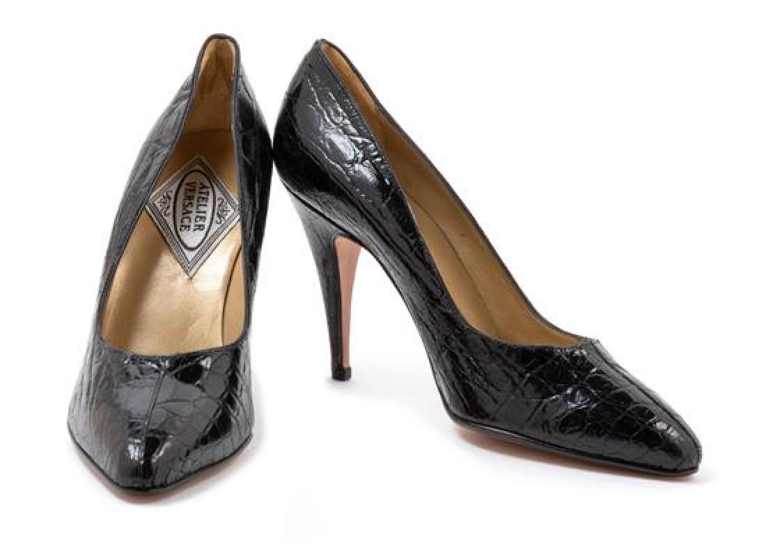 Atelier Versace Black Faux Croc Heels, 1990s: Atelier Versace Black Faux Croc Heels, 1990s Together with a Gianni Versace box. Label: Atelier Versace. Estimate $60-80