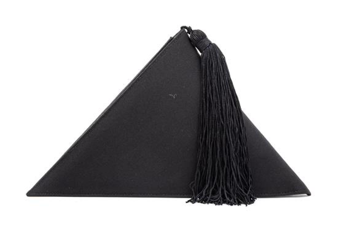 Two Gianni Versace Black Clutches, 1990s: Two Gianni Versace Black Clutches, 1990s Triangle with tassel and satin flap clutch. Label: Gianni Versace Estimate $80-120 The stated overall condition of the lot is based on the assumption that the