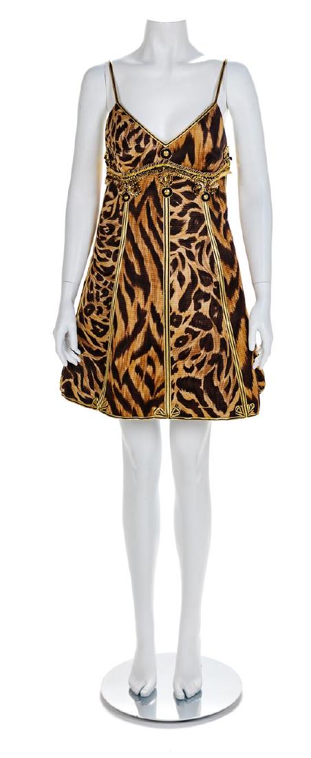 Atelier Versace Two-Piece Animal Print Ensemble, S/S: Atelier Versace Two-Piece Animal Print Ensemble, S/S 1992 Jacket and dress made of animal print fabric and trimmed with gold and black thread braid. The jacket has a wide scoop neckline, dolman sleeve