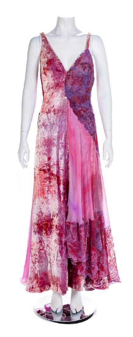 Atelier Versace Tie-Dyed Purple Velvet and Lace Gown,: Atelier Versace Tie-Dyed Purple Velvet and Lace Gown, S/S 1994 Bustier bodice with a V neckline with right strap of velvet and lace, left strap of velvet, fitted and flare silhouette, asymmetric lace