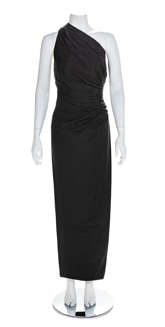 Atelier Versace Gathered Silk One Shoulder Dress, 1990s: Atelier Versace Gathered Silk One Shoulder Dress, 1990s The black gathered and pleated silk of this one shoulder dress are sewn completely by hand. The only parts sewn by machine are the main, straigh