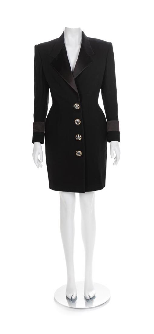 Atelier Versace Black Long Jacket with Zebra and: Atelier Versace Black Long Jacket with Zebra and Rhinestone Buttons, 1990s Long jacket of black silk suiting with black silk satin lapel and cuff. The exaggerated silhouette of the waistline and hips