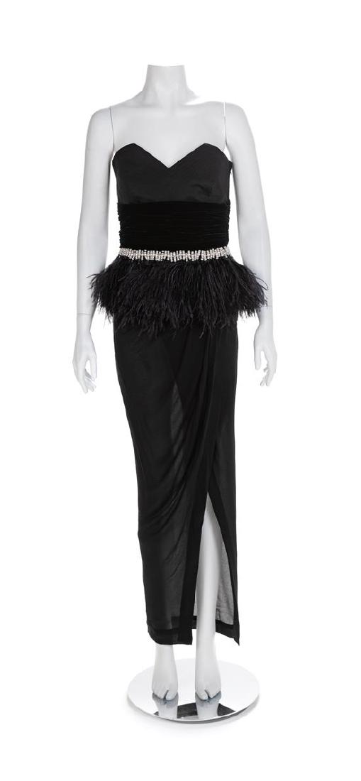 Atelier Versace Black Strapless Dress with Velvet and: Atelier Versace Black Strapless Dress with Velvet and Feather Trim, 1990s Strapless black silk bodice trimmed with a wide band of gathered black silk satin across the waist. Hanging loosely from the w