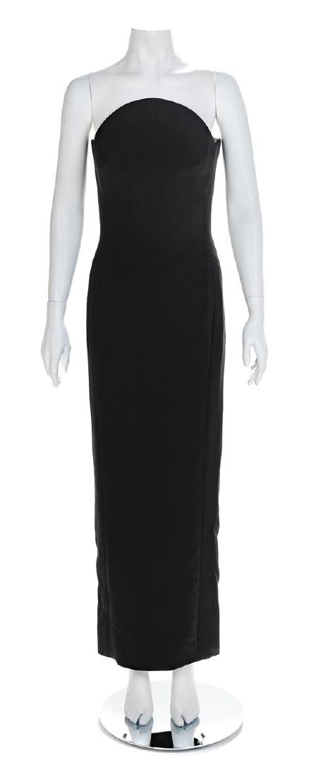 Atelier Versace Strapless Evening Dress with Beaded: Atelier Versace Strapless Evening Dress with Beaded Trim, 1990s Strapless black silk evening dress with interior boned bodice. Two greytone zippers extending down the princess seams of the back of the