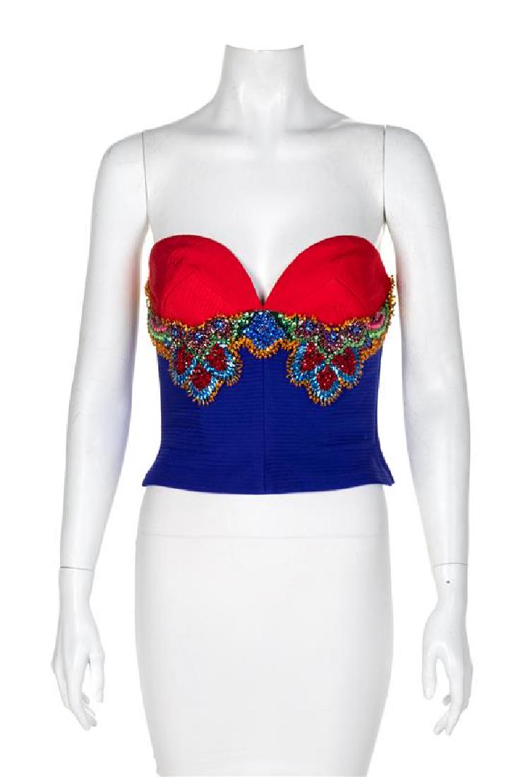 Atelier Versace Blue and Red Bodice with Beaded Trim,: Atelier Versace Blue and Red Bodice with Beaded Trim, 1991 with a blue side zip closure. Label: Atelier Versace. Estimate $300-400