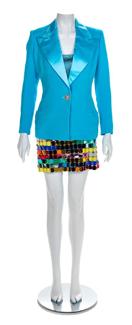 Atelier Versace Blue Jacket with Oroton Bodysuit and: Atelier Versace Blue Jacket with Oroton Bodysuit and Multicolor Disc Skirt, A/W 1994 Blue silk crepe jacket with blue silk satin lapels and bound button holes. Silvertone and rhinestone Medusa head bu