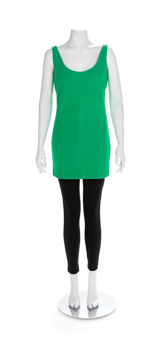 Two Atelier Versace Mini Dresses and Black Pants, 1990s: Two Atelier Versace Mini Dresses and Black Pants, 1990s Sleeveless green silk pullover dress with wide scoop neckline and short hem. Green silk lining is sewn in by hand. Label: Atelier Versace Black