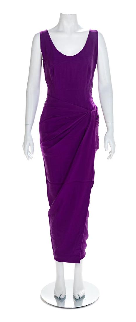 Atelier Versace Draped Purple Silk Crepe Dress, 1990s: Atelier Versace Draped Purple Silk Crepe Dress, 1990s Sleveless and scoop neck evening dress of purple silk crepe with a purple and black irridescenet inner bodice. The skirt is hand-draped, pleated a