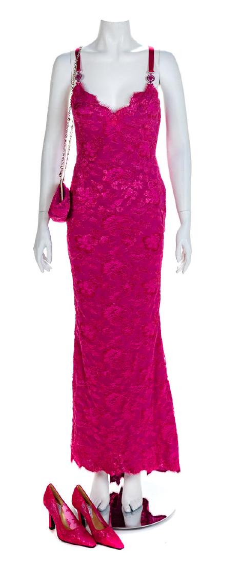 Atelier Versace Purple Lace Dress with matching shoes: Atelier Versace Purple Lace Dress with matching shoes and bag, S/S 1996 Purple silk floorlength lace dress with inner boned bodice, train and plunging neckline supported by purple straps secured with