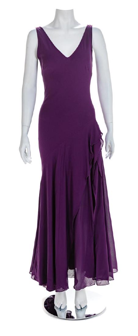 Atelier Versace Purple Bias-Cut Evening Dress with: Atelier Versace Purple Bias-Cut Evening Dress with Shawl, 1990s Sleeveless bias-cut purple silk crepe dress with complex cut and plunging v-neckline and dramatic tiered floorlength sweeping skirt. The