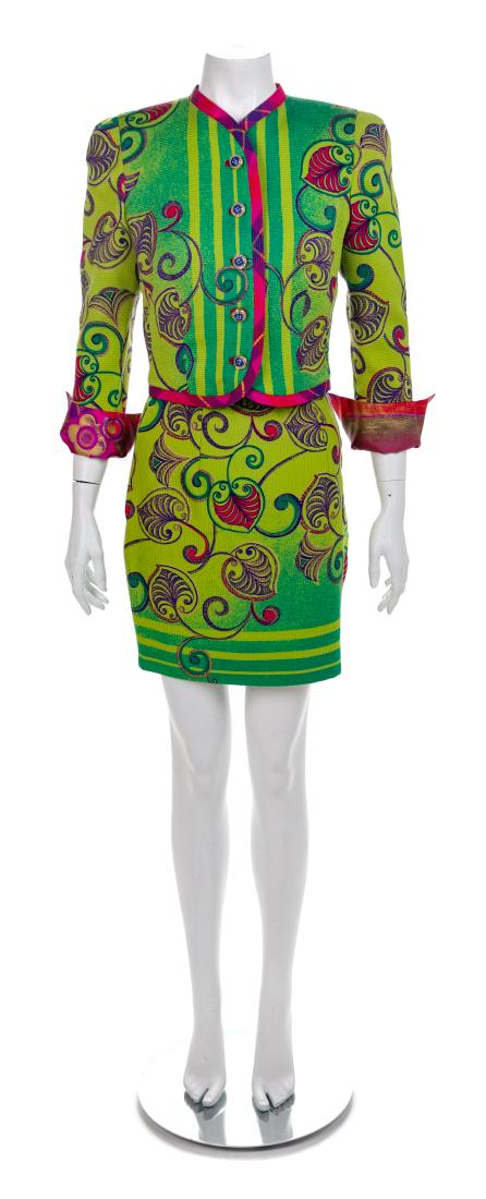 Atelier Versace Printed Silk Top and Matching Skirt,: Atelier Versace Printed Silk Top and Matching Skirt, 1990s Jacket of ribbed green silk printed in a purple, red and gold design with a pink and purple plaid trim and printed pink taffeta cuffs. The ja