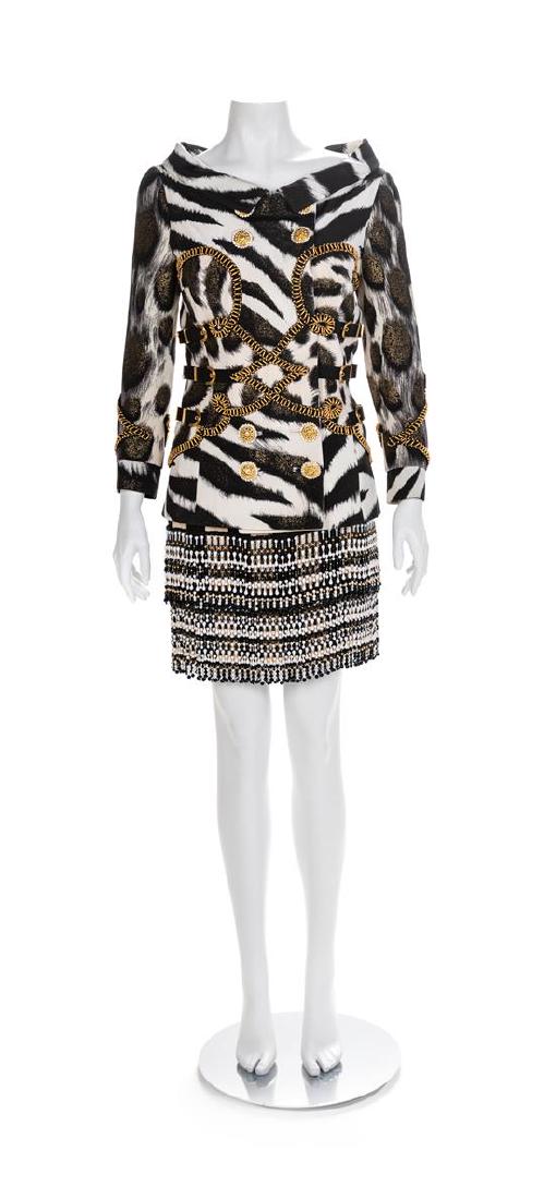 Atelier Versace Embroidered Jacket and Skirt, 1990s No: Atelier Versace Embroidered Jacket and Skirt, 1990s Jacket is made of a black and white zebra-print silk woven with gold thread and embroidered with goldtone and glass beads and black belts with goldt
