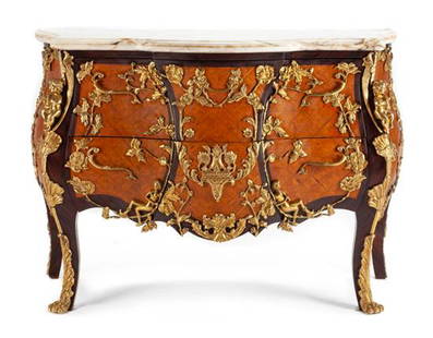 A Louis XV Style Gilt Bronze Mounted Parquetry Commode: A Louis XV Style Gilt Bronze Mounted Parquetry Commode after a model by charles cressent, 20th century the marble top of serpentine outline above the conforming case having two drawers mounted with a