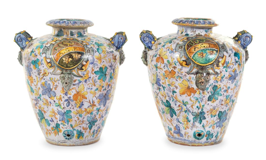 A Pair of Large Italian Majolica Urns Height 31 1/2 (1 of 1)