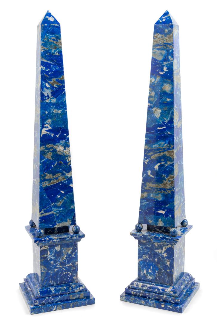 A Pair of Lapis Lazuli Obelisks Height 27 1/2 inches.: A Pair of Lapis Lazuli Obelisks 20th century Height 27 1/2 inches. Estimate $1,000-2,000 Property from an Important Private Collection Provenance: Sold Christie's New York, June 5-6, 2002, Lot 18