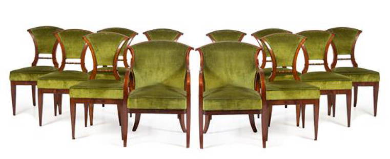 A Set of Twelve Viennese Mahogany Dining Chairs Height: A Set of Twelve Viennese Mahogany Dining Chairs circa 1830 in the manner of Josef Danhauser, comprising two armchairs and ten side chairs. Height of side chair 35 inches. Estimate $6,000-8,000 Height